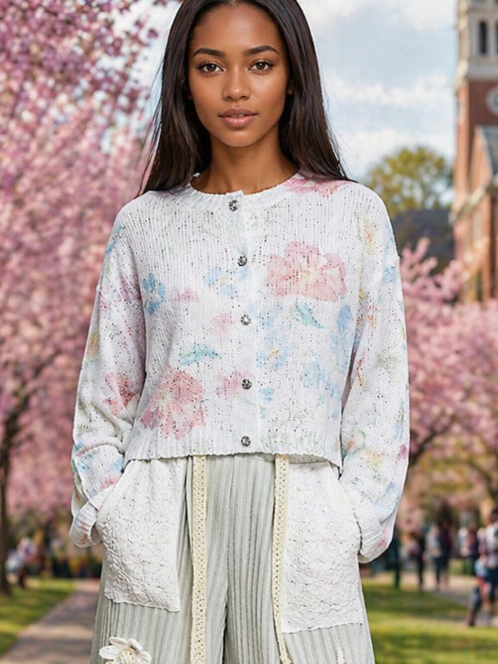 POL Spring Flowers Pretty Pastels Lightweight Cropped Button Up Girly Cardigan